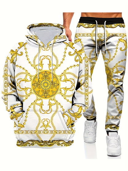 2PCS Plus Size Men's Tracksuit Co Ord Set - Traditional Pattern Full Print Long Sleeve Hooded Sweatshirt And Pants Set, Casual And Athletic Style