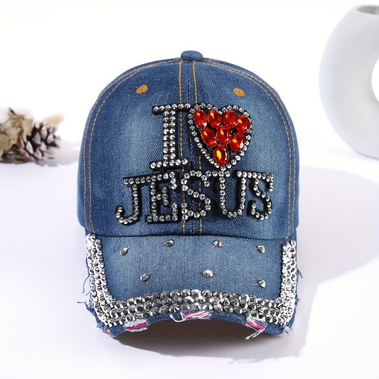 "I Love Jesus" Letter Rhinestone Baseball Cap, Distressed Sun Protection Ponytail Denim Hat, Casual Sports Hat For Women