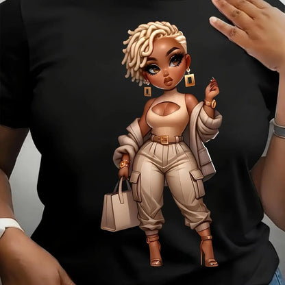 [Trendy Shirt] Trendy Plus Size Women's Shirt | Stylish Cartoon Character Print, Short Sleeve, Round Neck, Washable, Black, Casual Design Chic Le'Meek