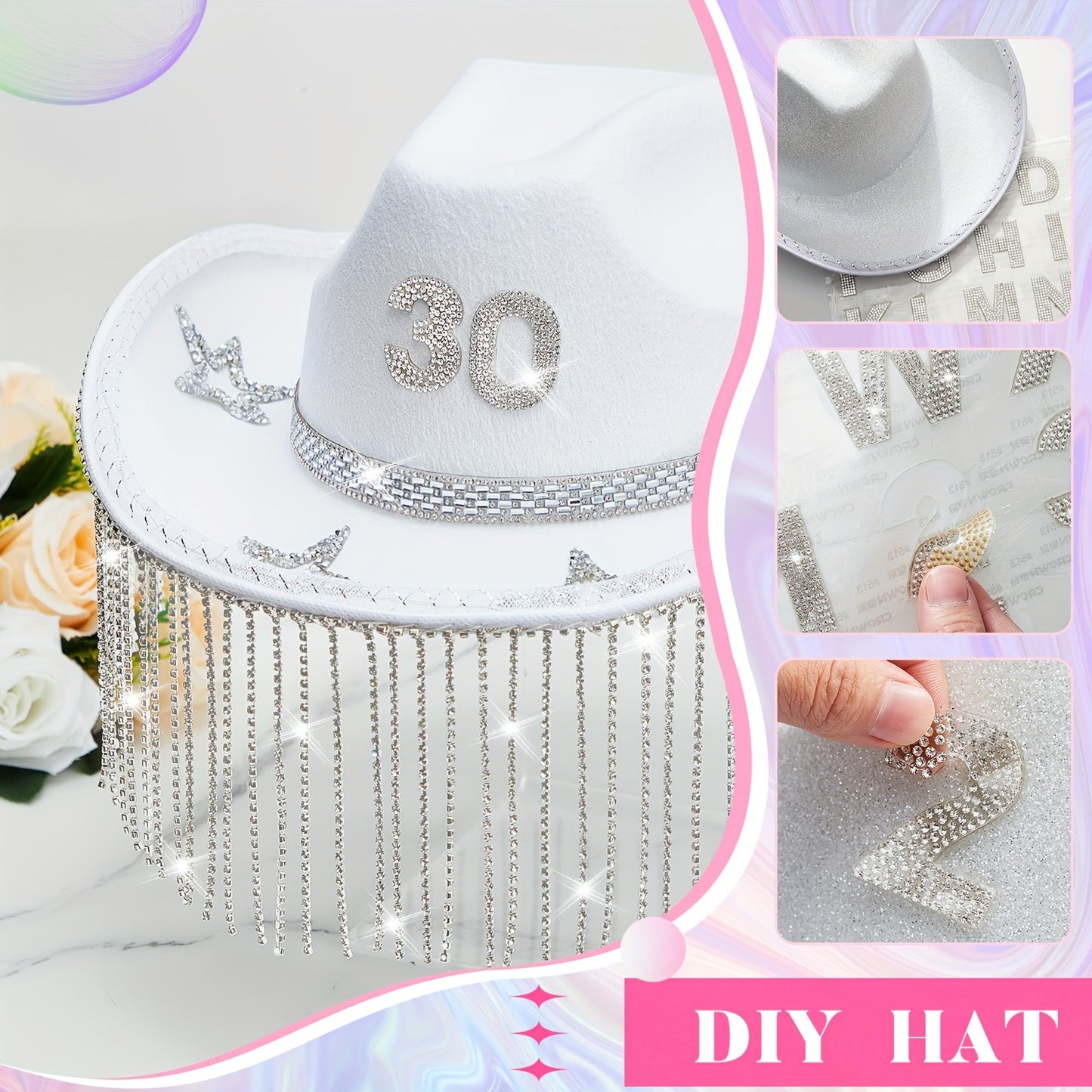 3 Pack Rhinestone Embellished Cowgirl Hats with Glasses, Headscarves, and Adhesive Rhinestone Letter Patches - Sparkling Fashion Accessories for Women