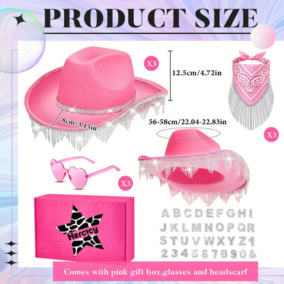 3 Pcs Light Up Rhinestone Cowboy Hat Glitter Cowboy Hat With Glasses, Headscarves, Adhesive Rhinestone Letter Patches (Pink)