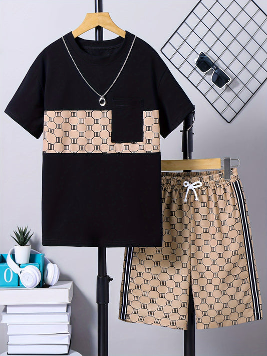 2-Piece Boys Casual Outfit Set - Vibrant Geometric Pattern Design, Stylish Pocket Patched T-shirt & Comfortable Shorts