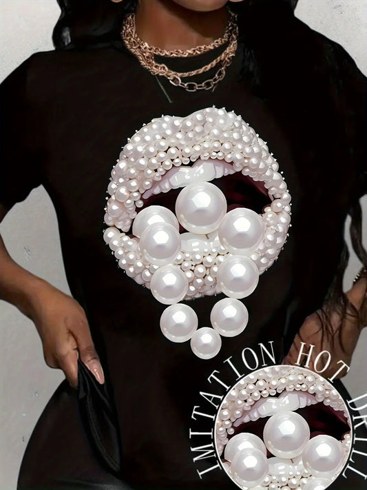 Plus Size Women'S Art Jewelry Lip Pattern Art Print T-shirt, Trendy Fashion Women'S T-shirt, Summer Short Sleeve Top Casual Chic Le'Meek