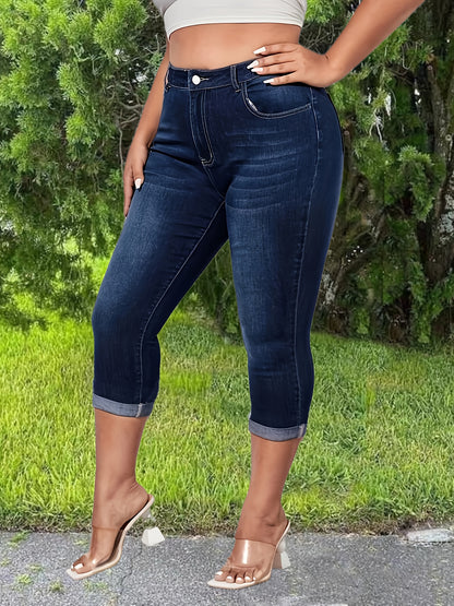 Plus Size Womens Stretch Jeans - Comfortable & Flattering Fit with Zipper Closure - Stylish Cuffed Denim Pants for Versatile Wear - Premium Quality