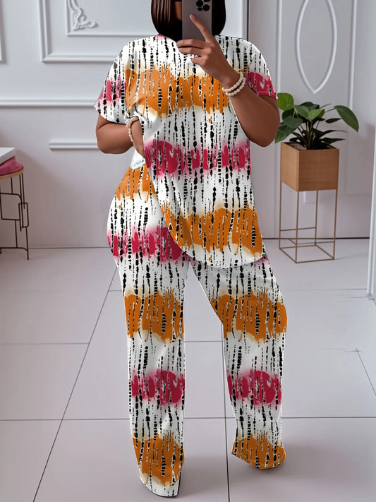 Women'S Plus Size Casual Colorblock Tie Dye 2pcs Set - Elegant Crew Neck Long Sleeve Top And Straight Leg Pants, 95% Polyester 5% Spandex, Medium Stretch Fabric, Machine Washable Chic Le'Meek