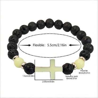 1pc Volcano Stone Night Glow Retro Bracelet, Multi Color Glowing Cross Bead Jewelry For Men, Father's Day Gift