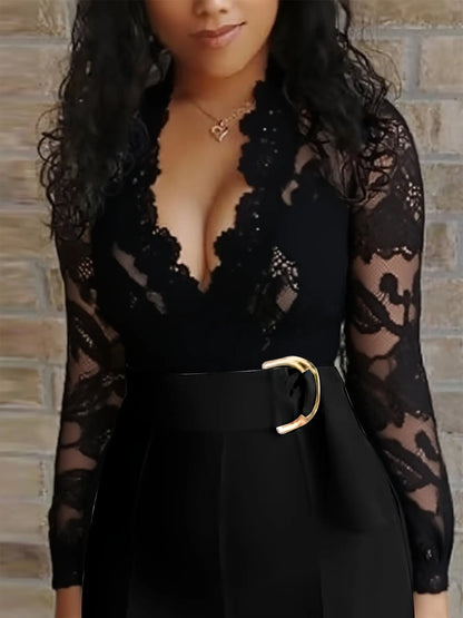 Women'S Plus Size Elegant V-Neck Lace Jumpsuit with Belt - Stretchy Black Long Sleeve Romper AliExpress