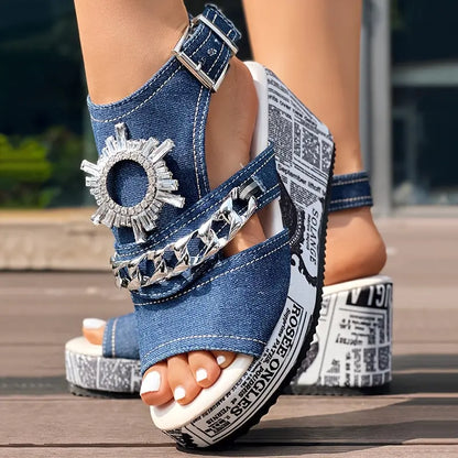Newspaper Buckle Denim Wedge Slippers - Without Anklet Chic Le'Meek