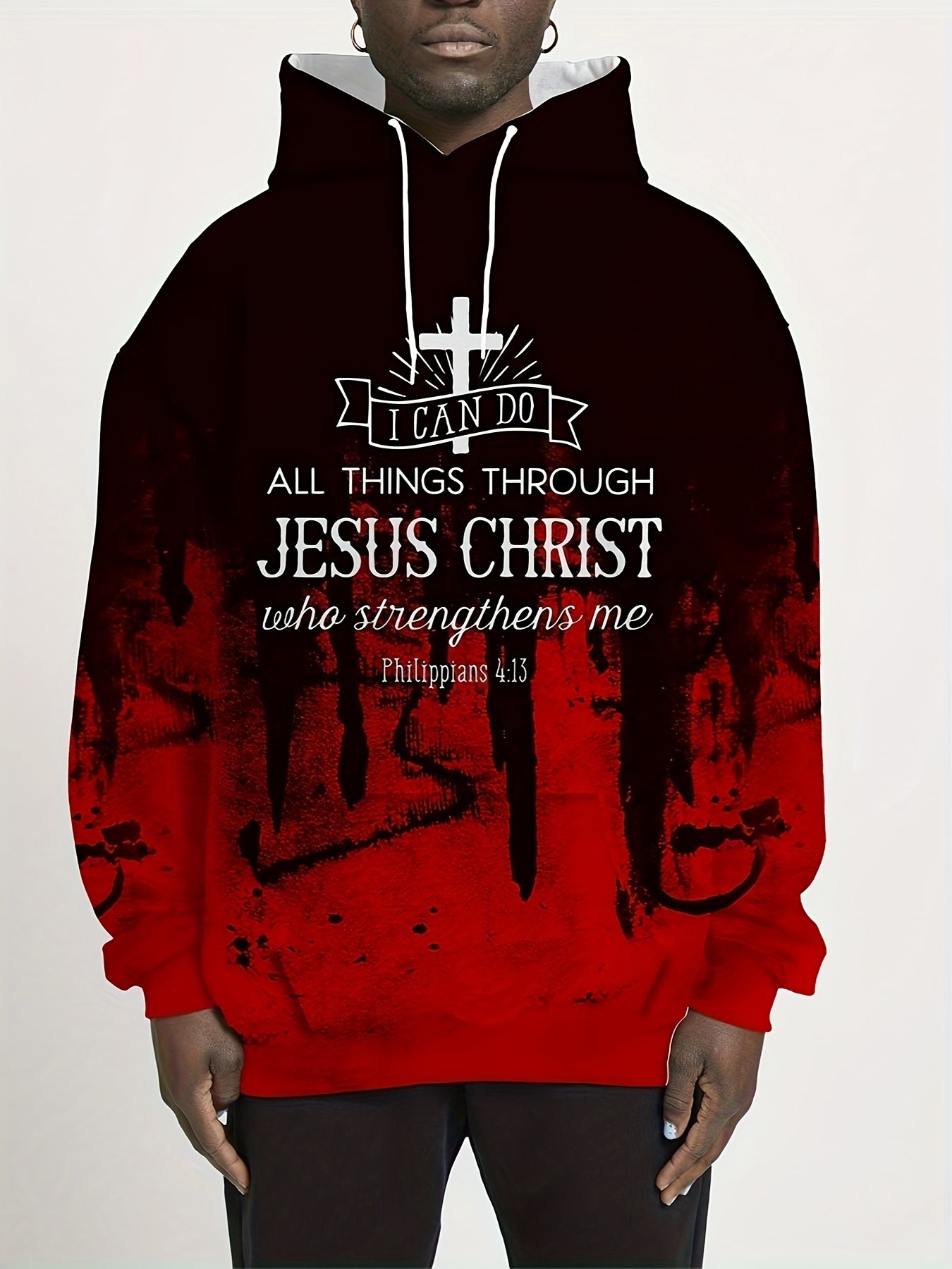 JESUS CHRIST Print Men's Casual Long Sleeve Hoodie With Drawstring Pockets, Trendy 3D Letter Graphic Hooded Pullover Sweatshirt Loungewear Top Daily Tops For Autumn