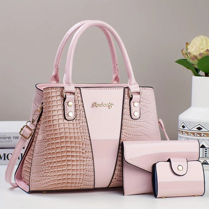 3pcs Elegant PU Handbag Set, Crocodile Pattern Large Capacity Crossbody Bag with Coin Purse and Card Holder, Lightweight Shoulder Bag with Sequins and Zipper Closure Chic Le'Meek