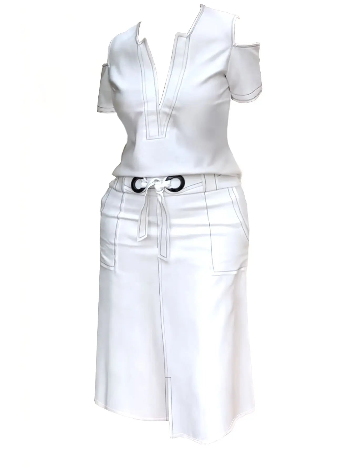 [Cold Shoulder Outfits] 2pcs Cold Shoulder Women's Contrast Trim Short Sleeve Plunge Neck Top & Bodycon Tie Waist Sheath Skirt Set, Cold Shoulder Outfits For Women Chic Le'Meek