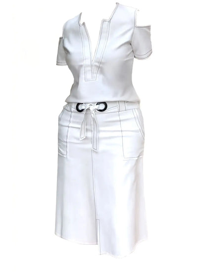 [Cold Shoulder Outfits] 2pcs Cold Shoulder Women's Contrast Trim Short Sleeve Plunge Neck Top & Bodycon Tie Waist Sheath Skirt Set, Cold Shoulder Outfits For Women Chic Le'Meek
