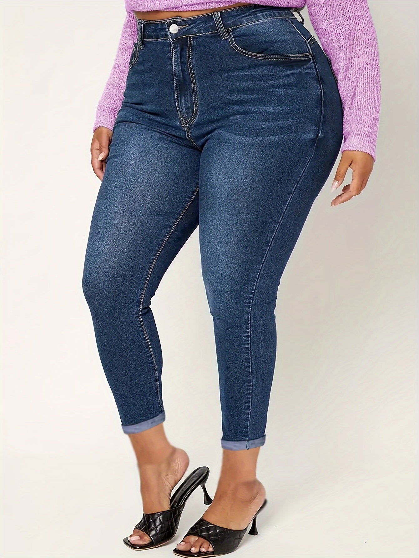 Plus Size Plain Skinny Fit Washed Blue Casual Style Zipper Button Closure Denim Pants, Women's Denim Jeans & Clothing