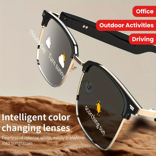 [Wireless Audio Glasses] 1pc Wireless Audio Glasses - Self-Adjusting Color Lenses, Anti-Blue Light Protection, Built-in Microphone, USB Charging, Rechargeable Lithium Polymer Battery - Ideal for Office, Outdoor Activities, Dr Chic Le'Meek