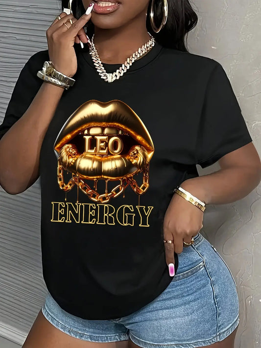 Plus Size Women's Black Graphic T-Shirt - Vibrant Golden Lion Lip Print with LEO & ENERGY Text, Relaxed Fit Short Sleeve Crewneck Casual Top for Summer & Spring, Machine Washable, Ladies T Shirts Chic Le'Meek
