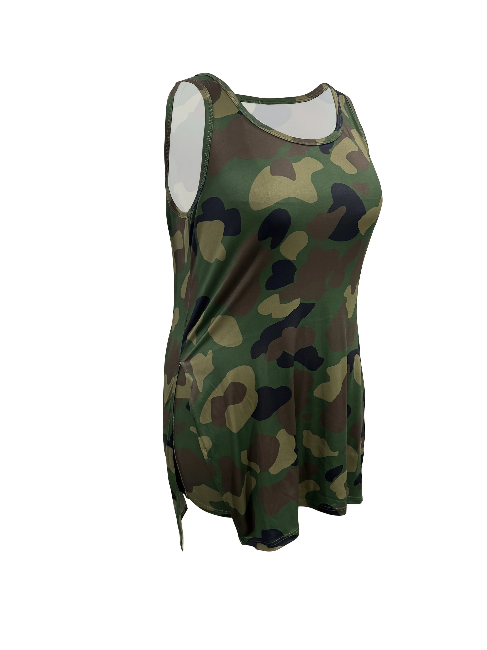 Two piece set of plus size Women's casual vest shorts, with a split hem and camouflage print Chic Le'Meek