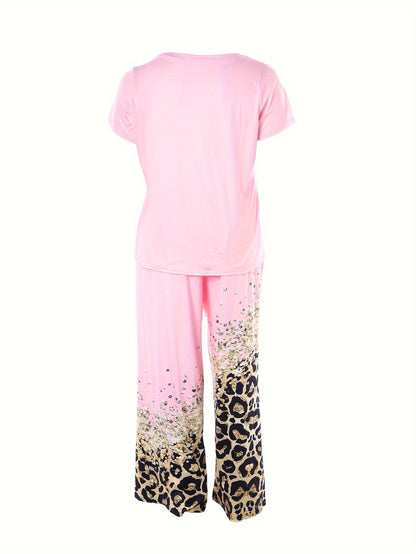 Plus Size Trendy Pajamas Set, Women's Plus Cross Letter & Leopard Print Short Sleeve Round Neck Tee & Pants Lounge 2 Piece Set