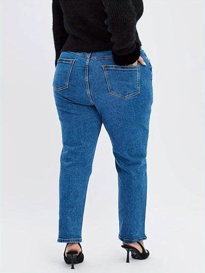 Plus Size Tapered Jeans For Women High Waist Strethcy Pants Full Length Denim Jeans Light Blue Mom Pants