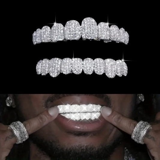 2pcs/set Synthetic Zircon Grillz Set, Unisex, Fashionable Hip Hop Mouth Teeth Grills, One Size Fits All, Removable Tooth Caps, For Rappers And Parties, With Mold Kit Temu