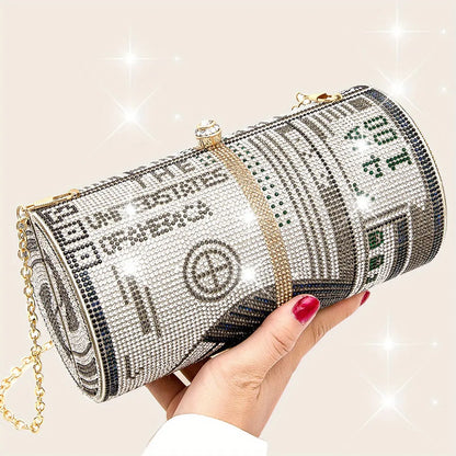 Sparkling Dollar Pattern Clutch Bag - Glamorous Cylinder Rhinestone Glitter Kiss Lock with Adjustable Metal Chain Temu