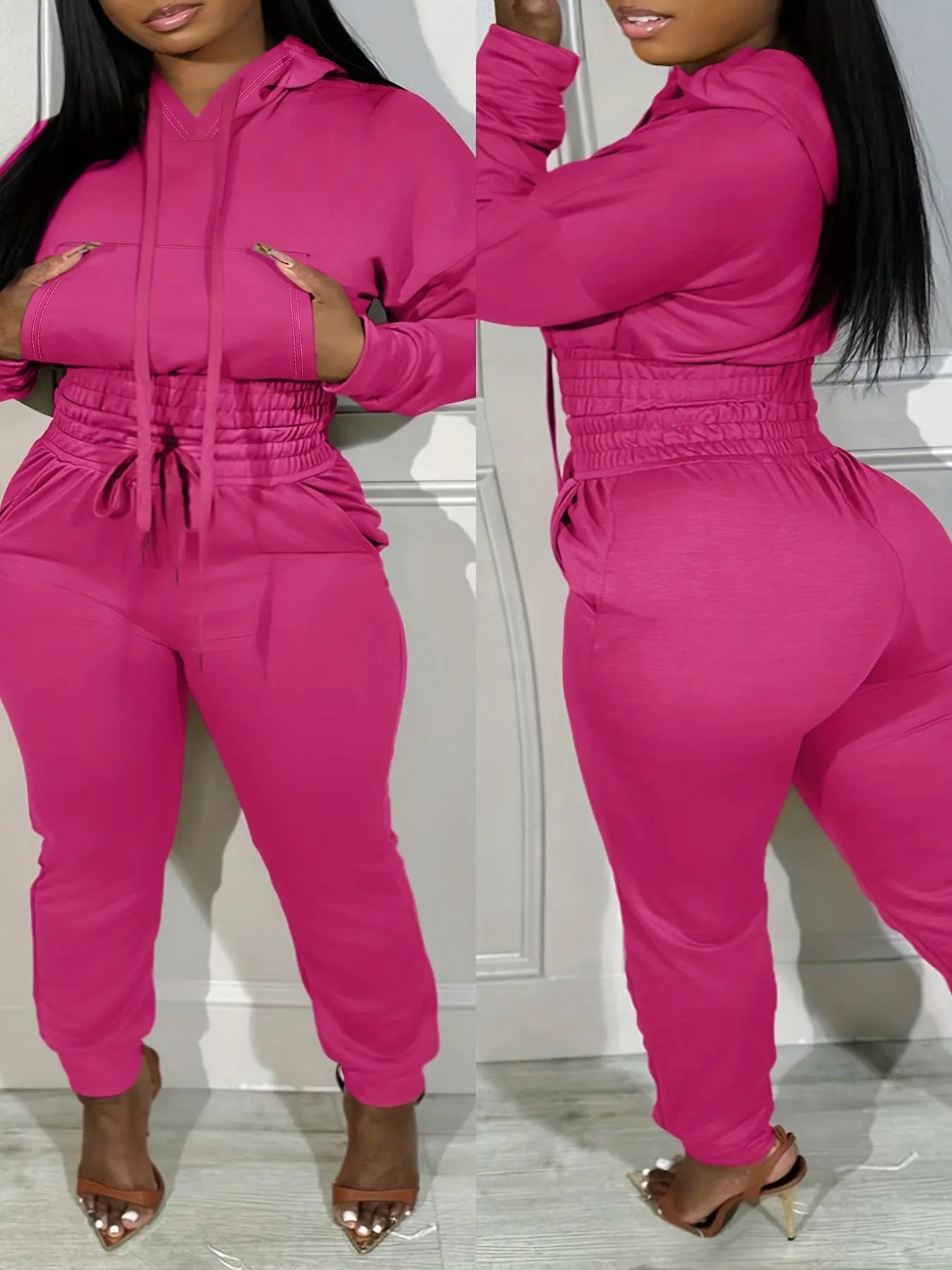 [Plus Size Elasticated Tunic Jogging] Plus Size Solid Elasticated Tunic Hooded Jogging Set Temu