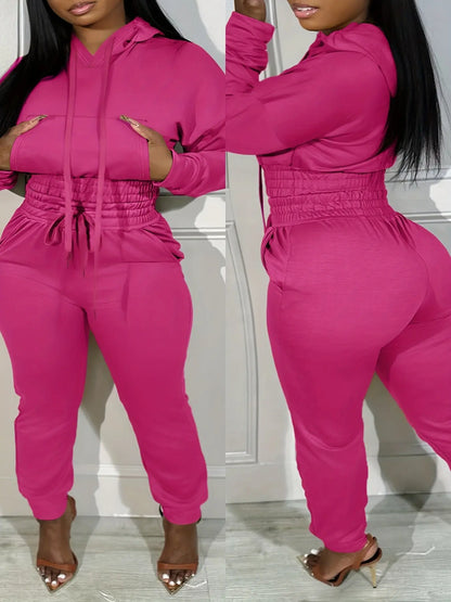 [Plus Size Elasticated Tunic Jogging] Plus Size Solid Elasticated Tunic Hooded Jogging Set Temu