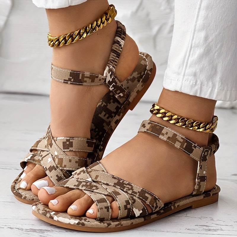 Stylish Camo Print Flat Sandals - Lightweight, Breathable, Elastic Crisscross Bands, Open Toe, Beach, Walking, and Everyday Wear