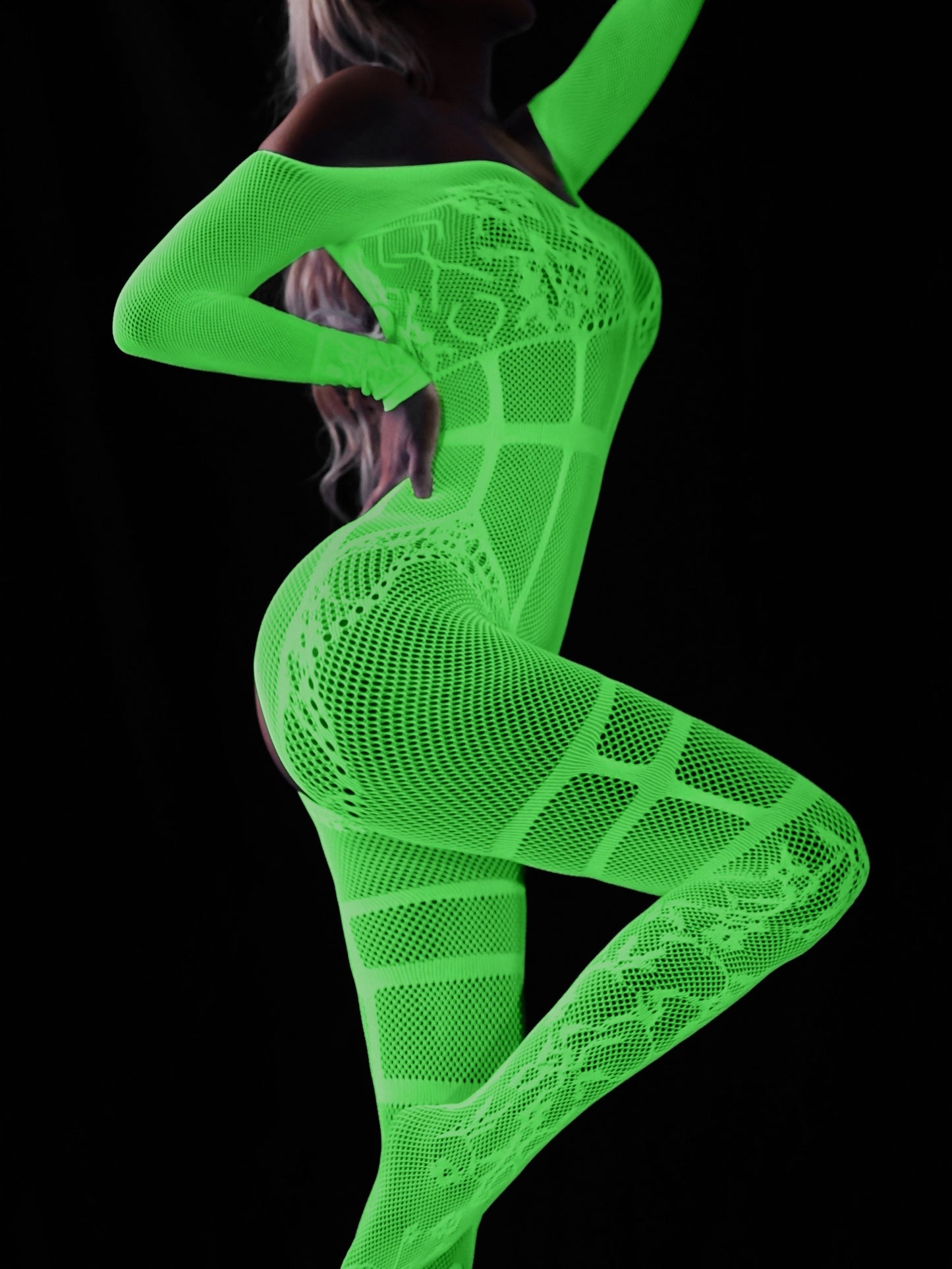 Crotchless, Luminous Fishnet Pattern, Polyester Knit Fabric Full Body Stocking for Adult