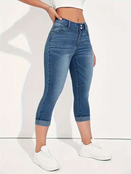 Soft, Comfortable, and Flattering Denim Pants for Curvy Figures - Casual, Mid-Length, Cuffed Hem, Solid Color, All-Season Fashion Essential