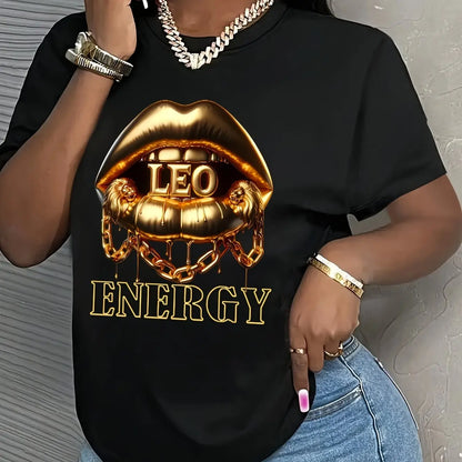 Plus Size Women's Black Graphic T-Shirt - Vibrant Golden Lion Lip Print with LEO & ENERGY Text, Relaxed Fit Short Sleeve Crewneck Casual Top for Summer & Spring, Machine Washable, Ladies T Shirts Chic Le'Meek