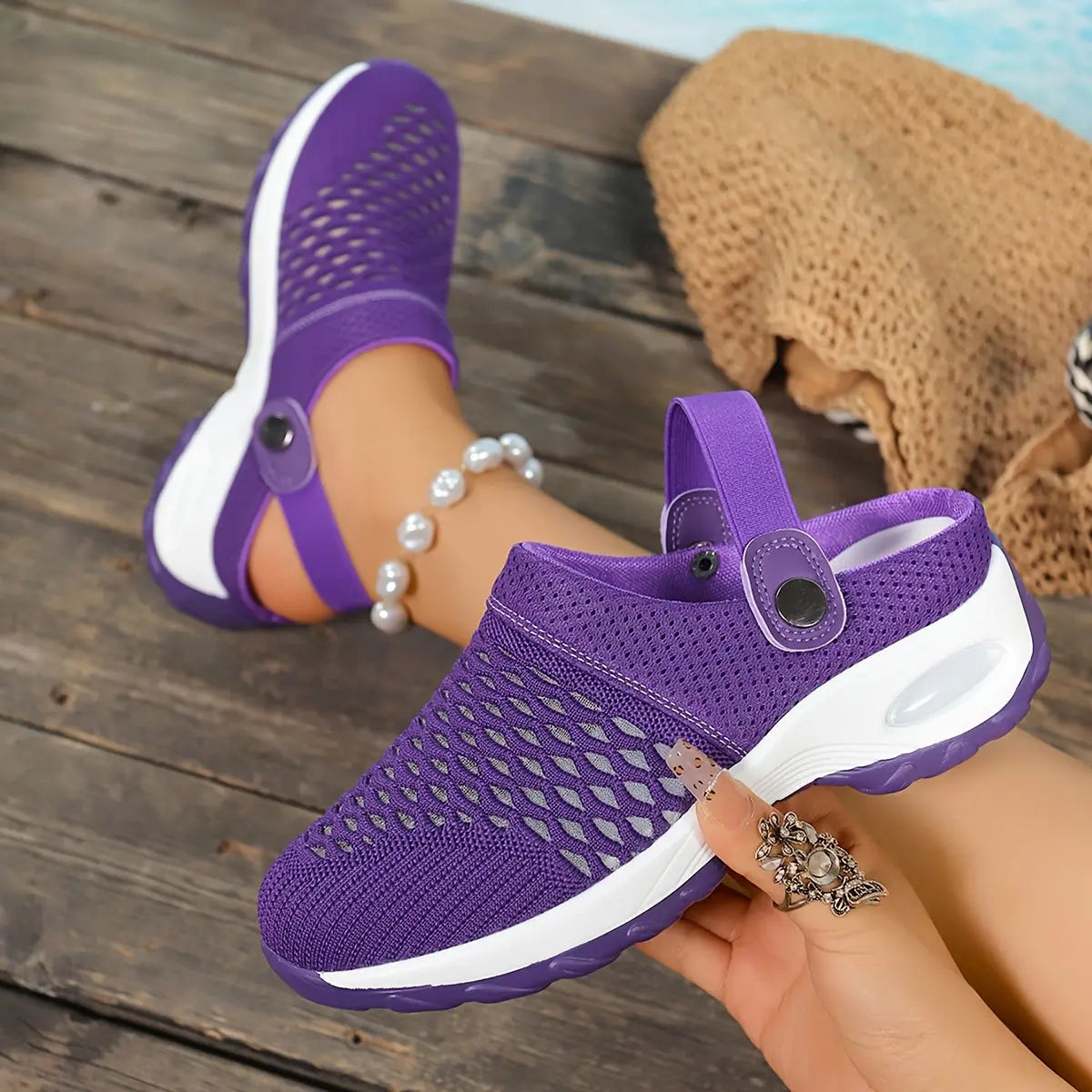 [Mesh Slip-On Clogs] Breathable, Lightweight Women's Comfort Mesh Slip-On Clogs | Air Cushion, Non-Slip Sole for Indoor & Outdoor Use | Purple & White Design, Versatile Slippers Chic Le'Meek