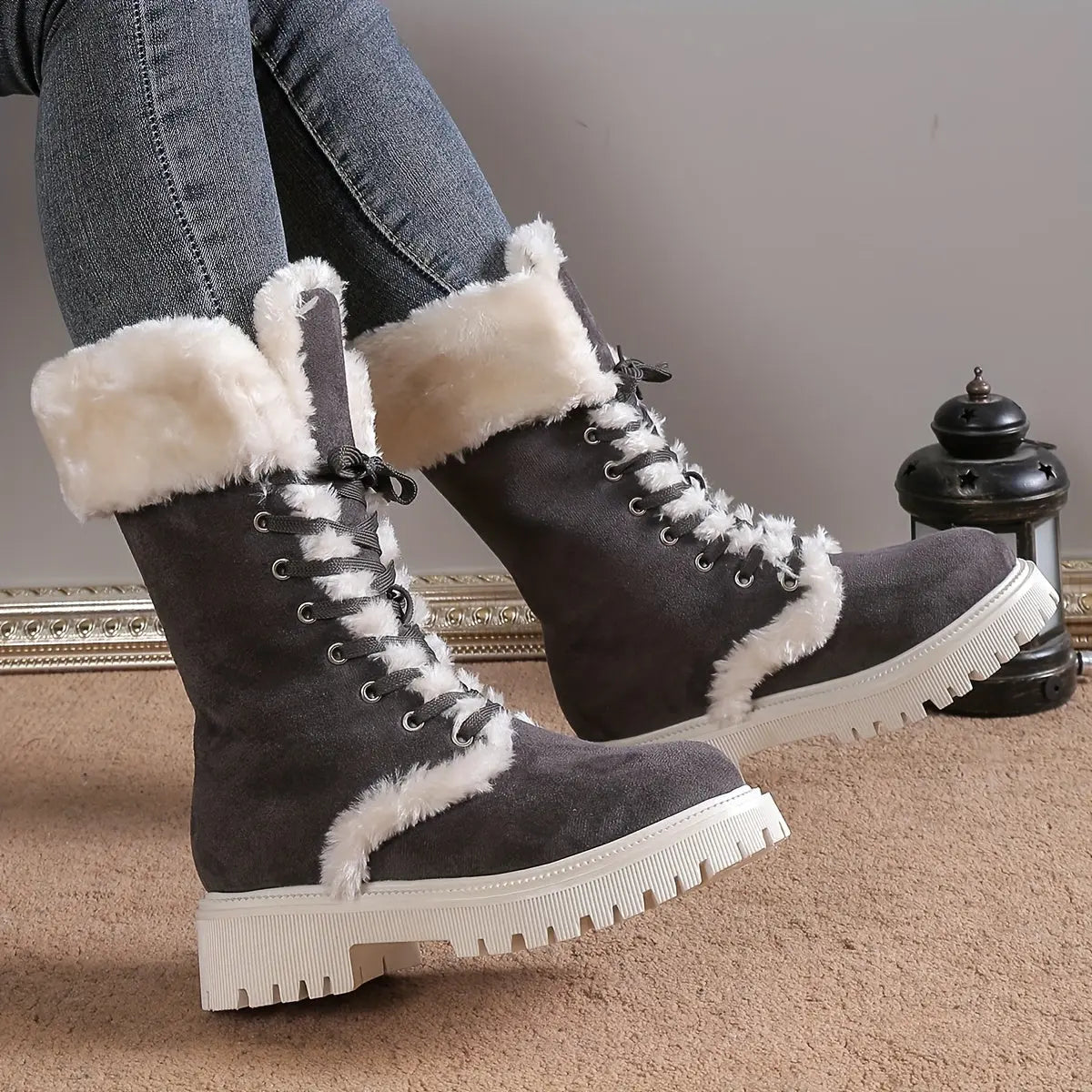 Women's Fashion Casual Lace-Up Mid-Calf Boots with Plush Lining, Round Toe Chunky Low Heel - Velvet Upper, Fabric Lining, TPR Sole Chic Le'Meek