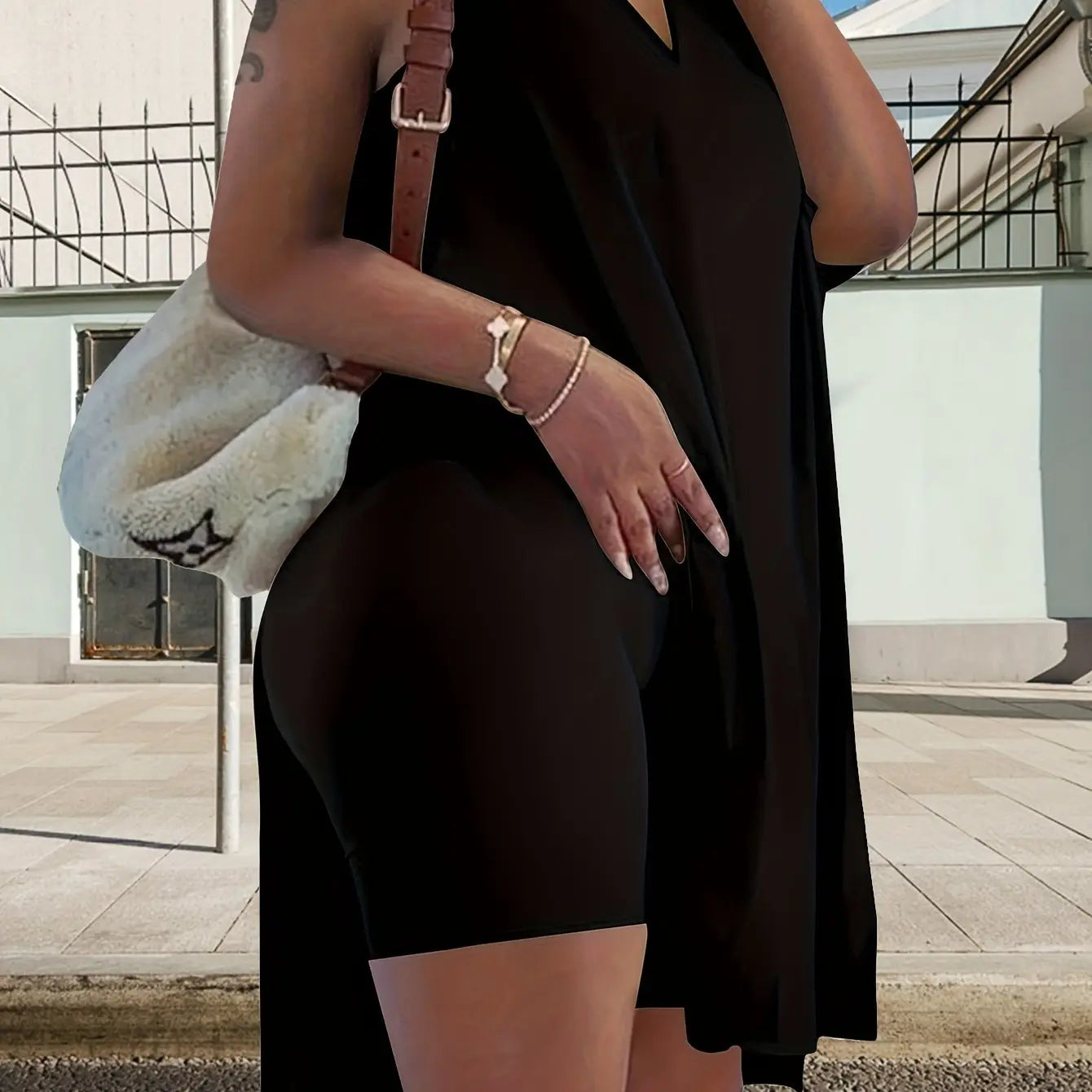 Two-piece Set Of Super Large Size Casual Clothes With Medium Elasticity, Women'S Super Large Size Medium Elasticity V Neck Split Hem Slightly Elastic Vest And Shorts Two-piece Set Chic Le'Meek