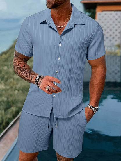 Two-Piece Summer Outfit for Men - Casual Pleated Striped Short Sleeve Shirt with Drawstring Shorts, Lapel Collar, Button Details, Non-Stretch Polyester Fabric, Hand Wash Only, Solid Color