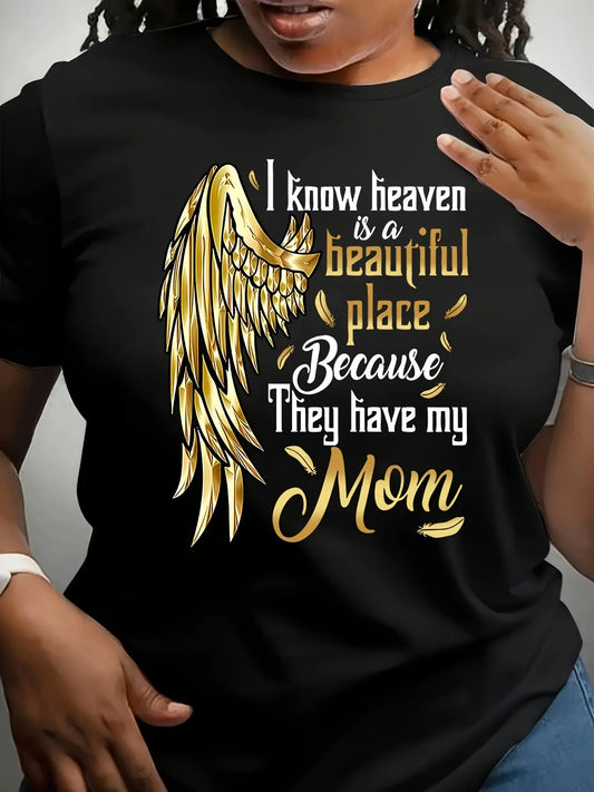 1 Plus-Size Women'S Plus Size Women'S T-Shirt Printed with Angel Wings And Inspirational Quotes - Casual Polyester Blend, Round Neck, Machine Washable - Ideal for Spring And Summer, Everyday Comfort Patterned T-Shirt Stretch Chic Le'Meek