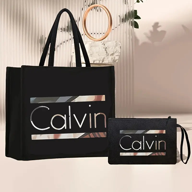 [Chic Calvin Print Set] Durable Two-Piece Canvas Tote & Cosmetic Bag Set Temu
