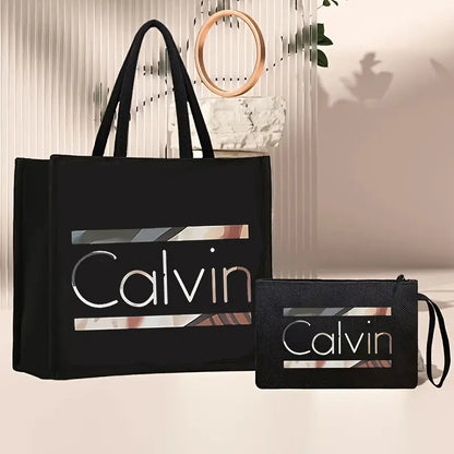 [Chic Calvin Print Set] Durable Two-Piece Canvas Tote & Cosmetic Bag Set Temu