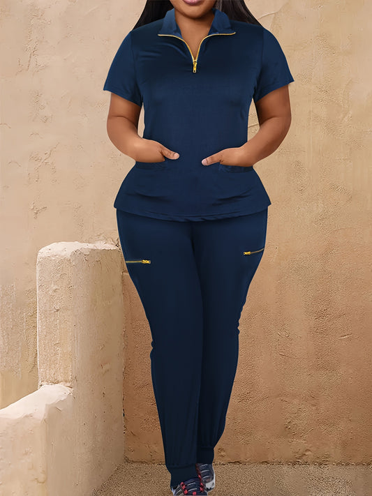 Plus Size Womens Solid Color Two-piece Set - Chic Collared T-shirt & Matching Pants Outfit - Comfortable Short Sleeves, Curvy Fashion Essential for Casual Style