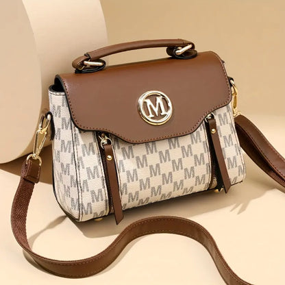 Vintage Geometric Women's Handbag - Large Capacity PU Shoulder Bag with Golden-Tone Hardware, Herringbone Pattern & Letter "M" Design, Detachable Strap, Perfect for Everyday Use (Light Brown/White/Black) Chic Le'Meek