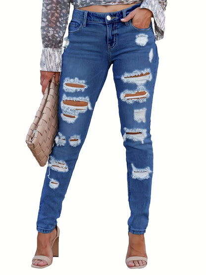 Plus Size Ripped Distressed Casual Style High Stretch Denim Pants, Women's Denim Jeans & Clothing