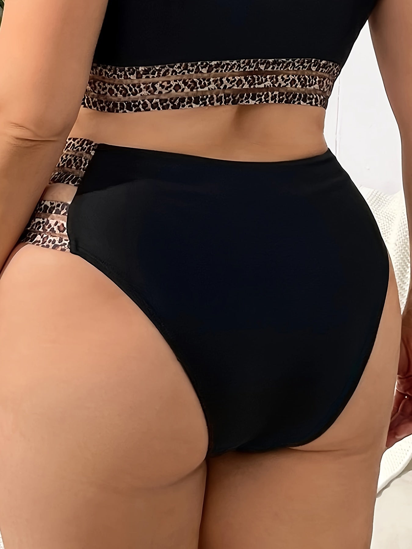 Plus Size Chic Leopard Print High-Waist Bikini Bottoms - Flattering Cut Out Design, Comfortable Swim Briefs for Beach & Pool Adventures