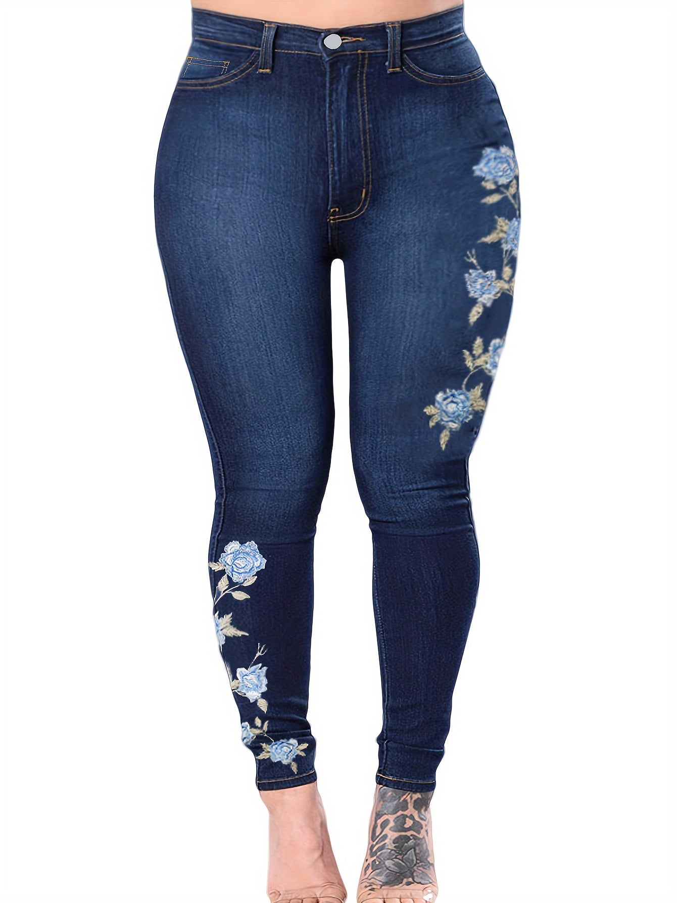 Plus Size Casual Jeans, Women's Plus Washed Floral Embroidery Button Fly Skinny Jeans