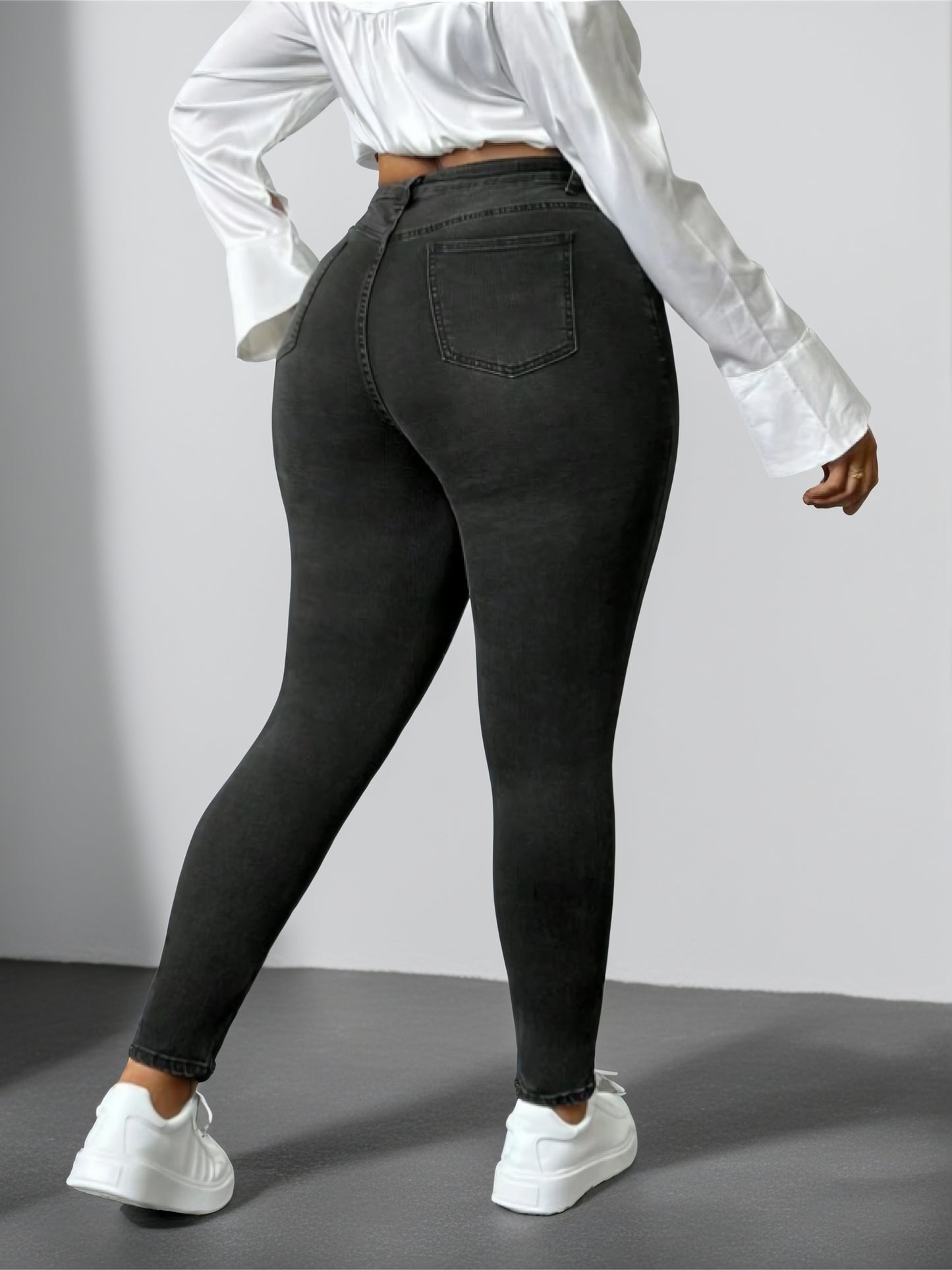 Women's Casual Jeans, Plus Size Solid Color High Rise Whiskering Slash Pocket Skinny Denim Pants