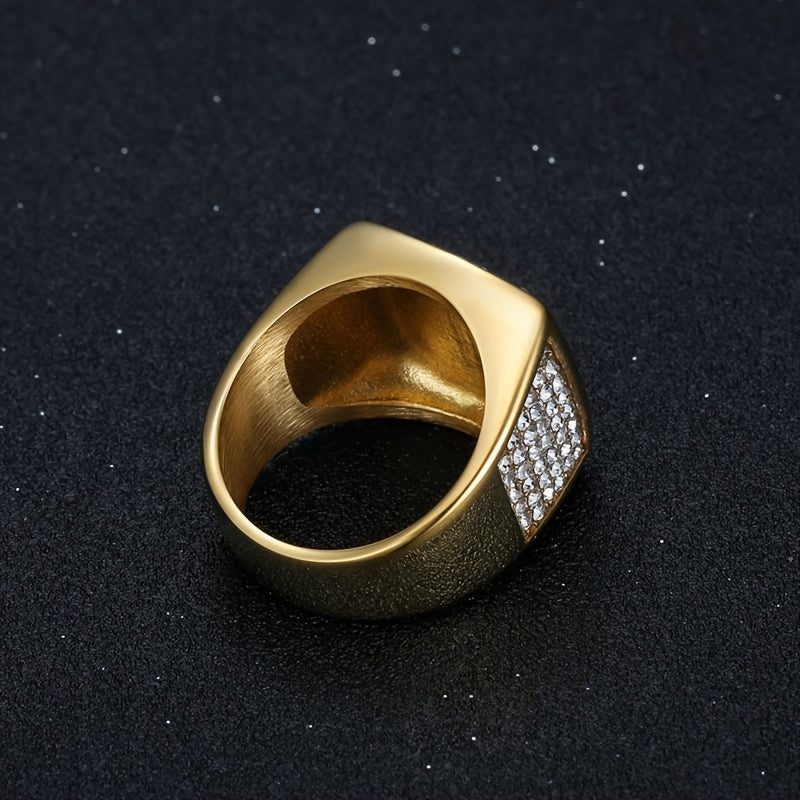 1pc 316L Stainless Steel Hip Hop Punk Style Ring, Luxurious Golden/Silvery King Ring, Inlaid With Rhinestone Ring For Men, Boyfriends Gift Fashion Jewelry