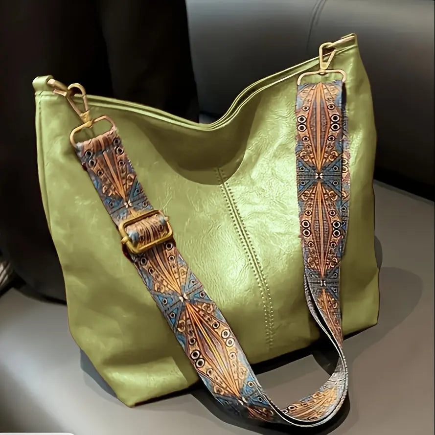 [Vintage Tote Bag] Large Vintage Tote Bag | Crossbody Bag with Removable Strap, Zipper Closure, Polyester Lining, Random Printing, No Edge Paint, for Women, Black/Beige/Rose Red/Pink/Light Grey/Blue/Light Green/Green/Light Br Chic Le'Meek