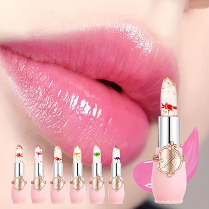 emaymei Transparent Jelly Change Lipstick: 6-Piece Set with Crystal Golden Foil, Flower Petals, and Shimmering Pink Hues