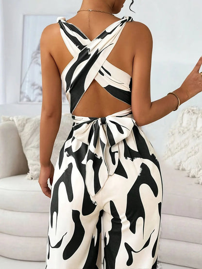 Women's Elegant Backless Jumpsuit with V-Neck & Cross Front Detail - Black & White Abstract Pattern Sleeveless Romper, Machine Washable Spring/Summer Party & Casual Outfit, Ladies Jumpsuit Chic Le'Meek