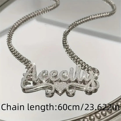 1pc Personalized Stainless Steel Name Necklace - Frosted Letter Pendant with Sparkling Accents, 18K Golden Plated Cuban Link Chain, Bohemian Chic Unisex Jewelry Gift for Women & Men, Casual or Special Occasions, Cursive Font Chic Le'Meek