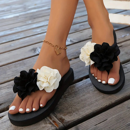 Lightweight Floral Print Slides Women's Casual, Platform Heel Sandals with Fabric Upper, EVA Sole, and Polyurethane Foam Insole, Slip-on Closure, Low Heel, All-Season Beach Shoes Chic Le'Meek
