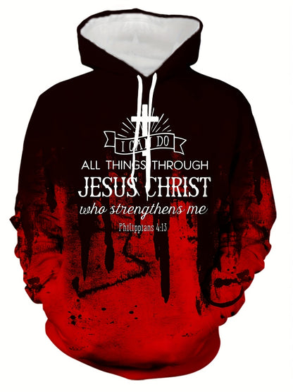 JESUS CHRIST Print Men's Casual Long Sleeve Hoodie With Drawstring Pockets, Trendy 3D Letter Graphic Hooded Pullover Sweatshirt Loungewear Top Daily Tops For Autumn